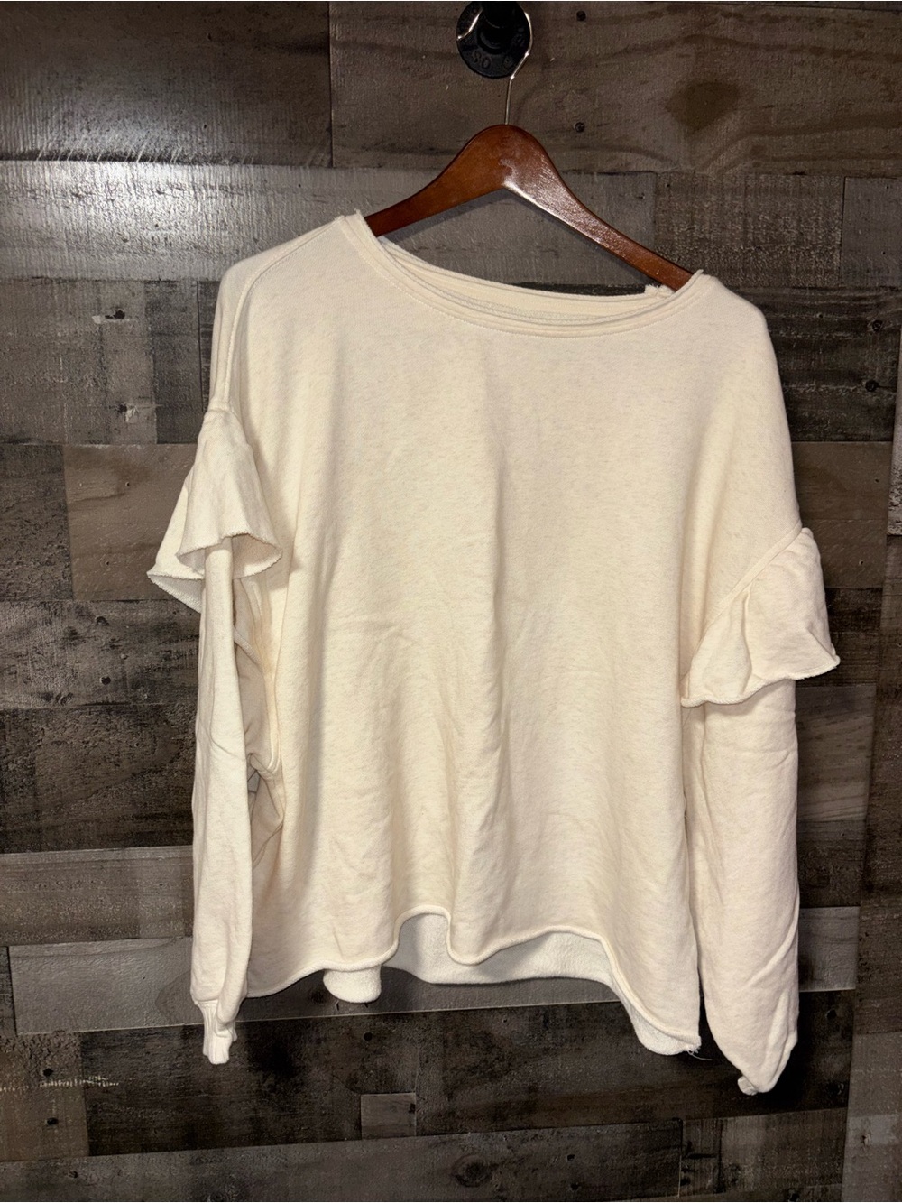 aerie oversized Cream Ruffle-Sleeve Pullover Raw edge Sweatshirt XL